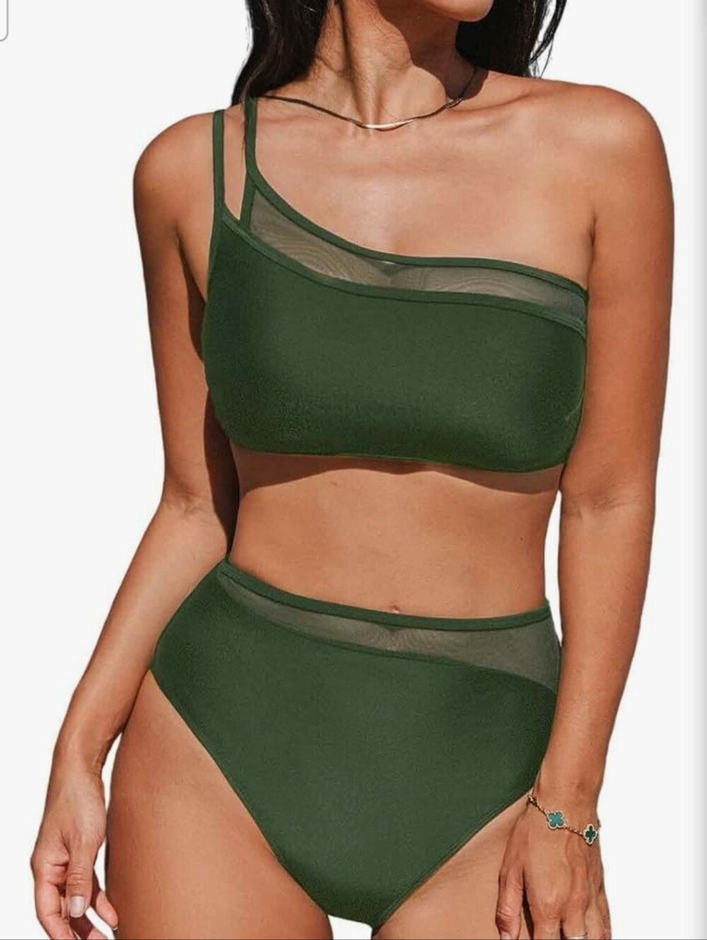 NWT Cupshe Olive Green One-Shoulder High-Waist Bikini with Mesh Trim